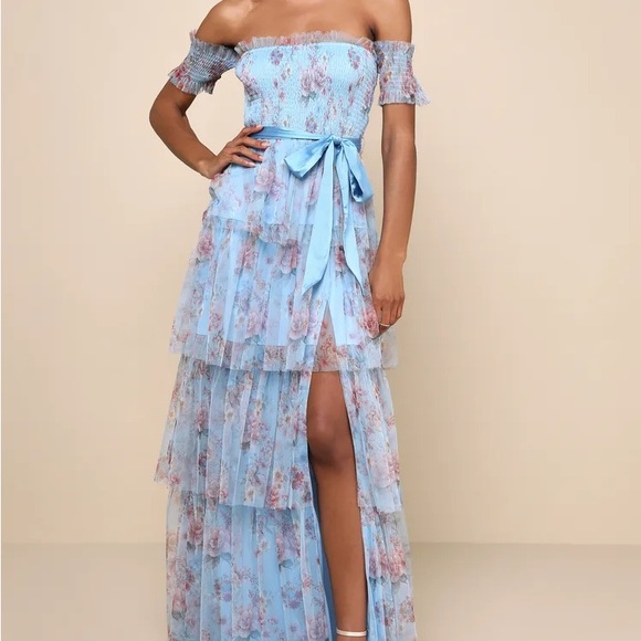Pretty Whimsy Blue Floral Tiered Off-the-Shoulder Maxi Dress - Picture 4 of 4